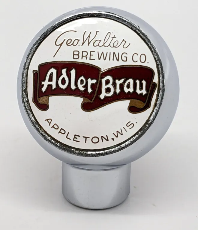 GLASS BALL TAP KNOB GEO WALTERS BREWING ADLER BRAU BEER APPLETON WISCONSIN (ROBBINS)