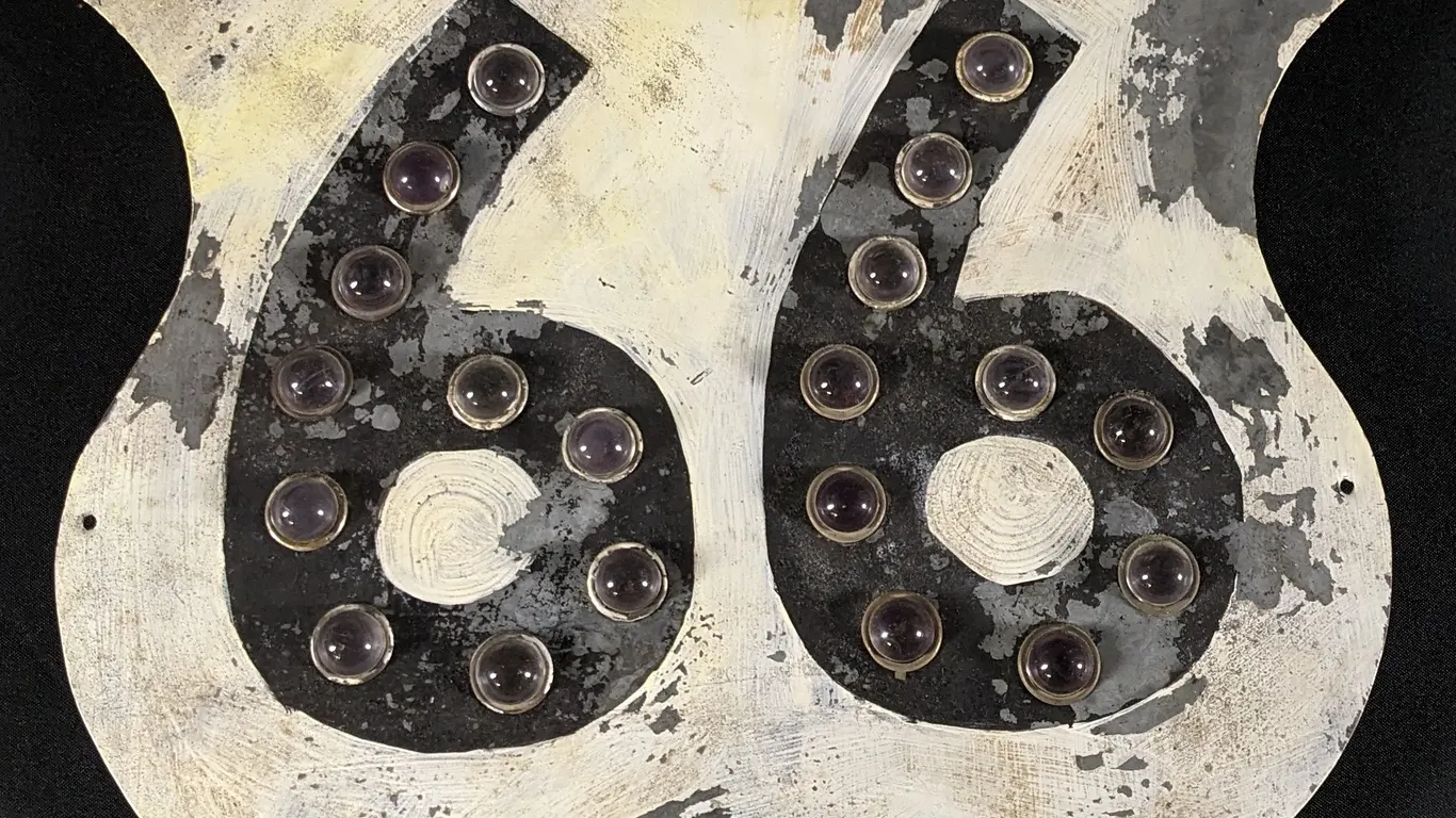 RARE MARBLE REFLECTOR ROUTE 66 HIGHWAY TIN SIGN