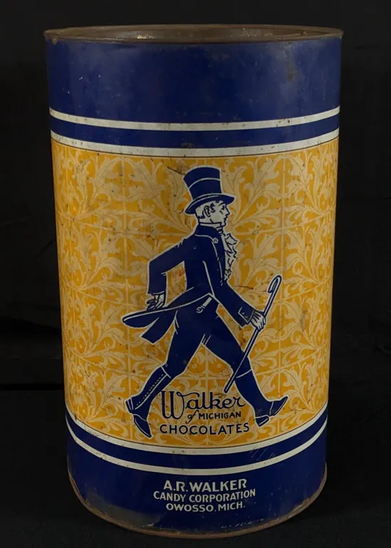 LARGE TIN LITHO CANDY CAN WALKER OF MICHIGAN CHOCOLATES OWOSSO MI
