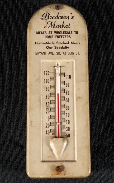 TIN THERMOMETER SIGN BREDSEN'S MARKET HOME-MADE SMOKED MEATS