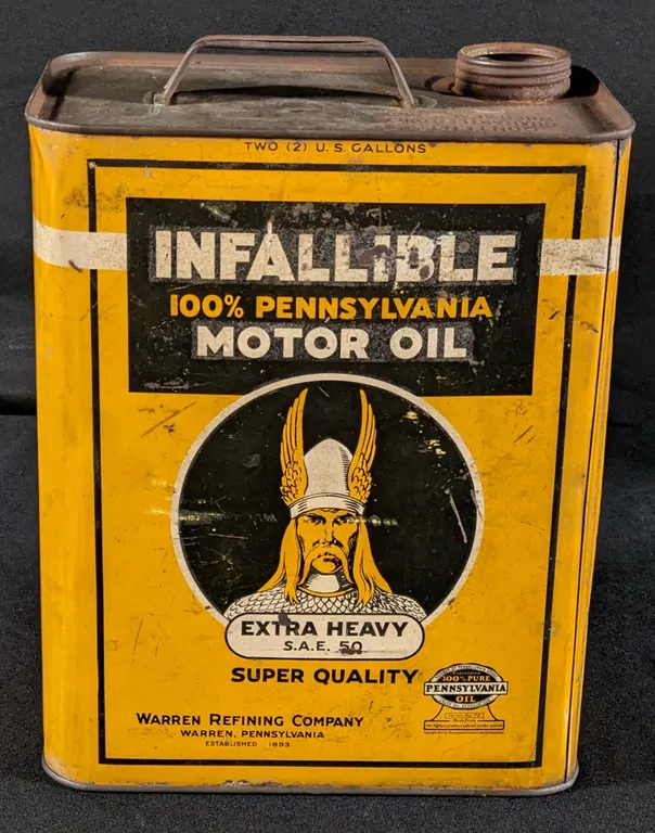 2 GAL CAN INFALLIBLE 100% PENNSYLVANIA MOTOR OIL WARREN PA