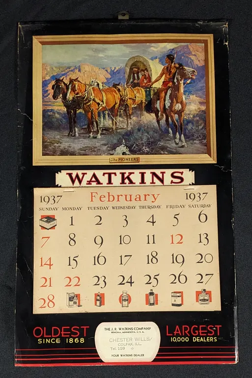 1937 WATKINS CALENDAR CHESTER WILLS COLFAX ILLINOIS