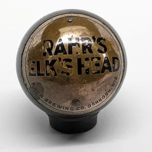 BALL TAP KNOB HANDLE RAHR'S ELK'S HEAD BEER OSHKOSH WISCONSIN (DAKA-WARE)