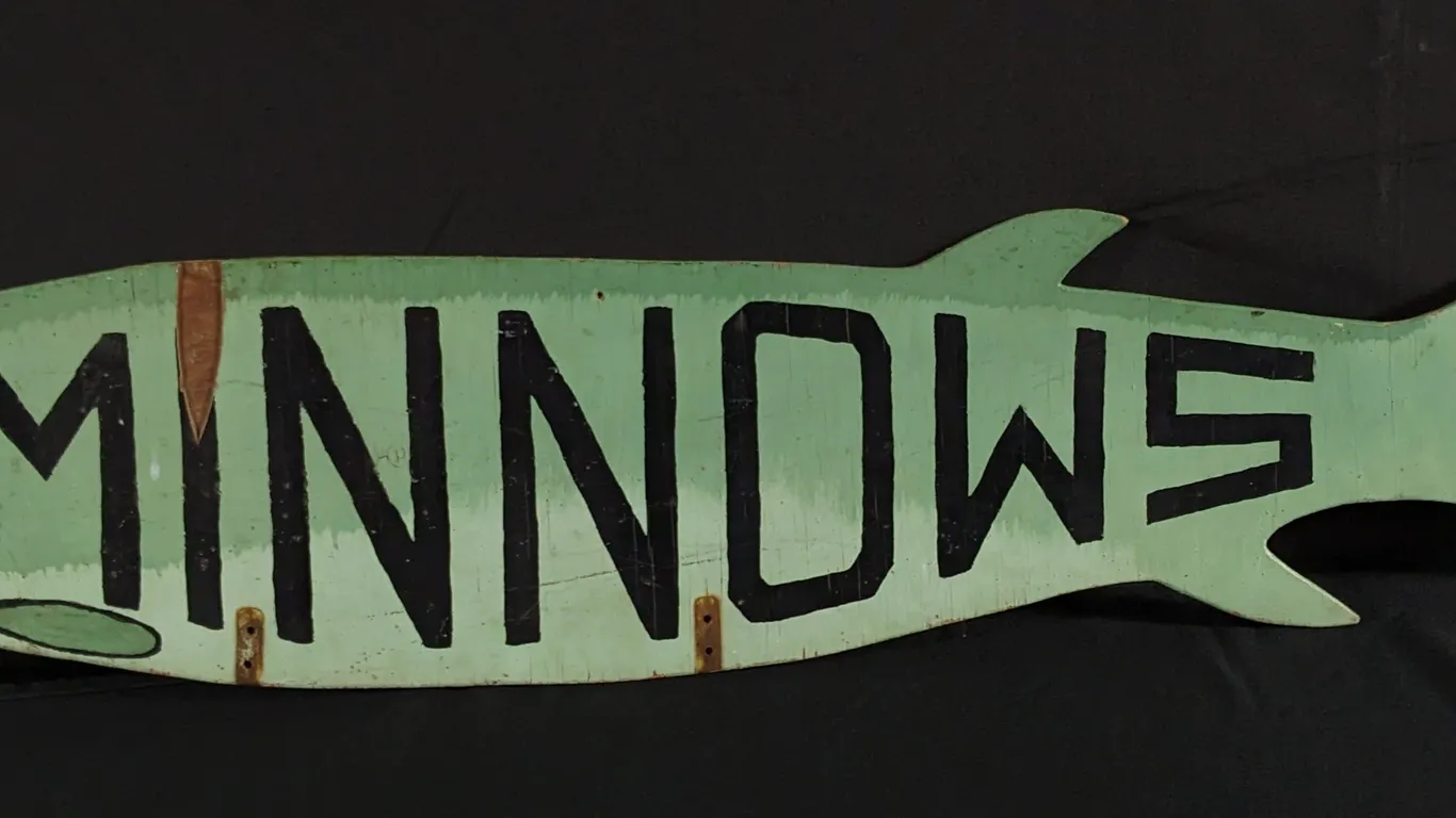 VINTAGE 1/4" PLYWOOD BAIT SHOP MINNOWS SIGN (2 SIDED)