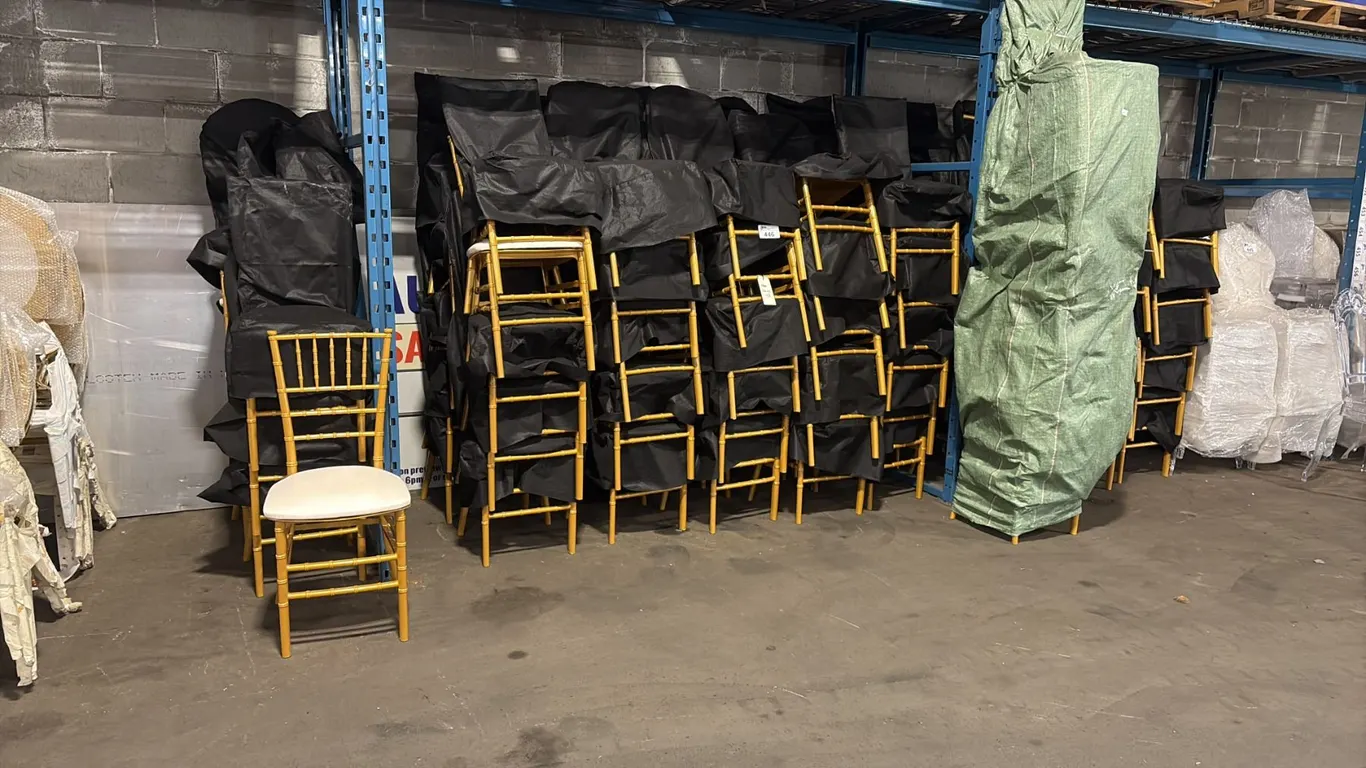 19 STACKS OF GOLD FRAMED PADDED STACKING EVENT CHAIRS