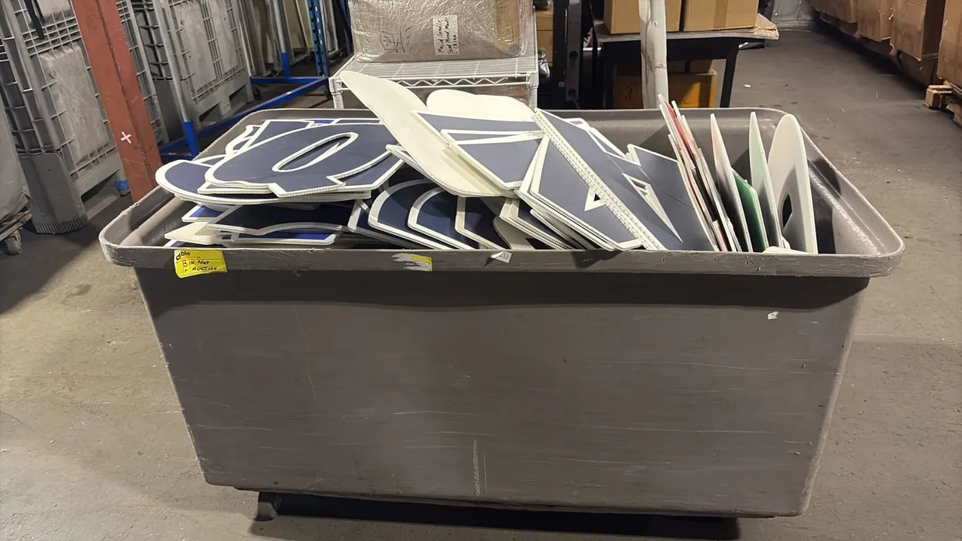 PALLET CRATE + BIN OF ASSORTED DECORATIVE EVENT LETTERS & NUMBERS *BINS NOT INCLUDED*