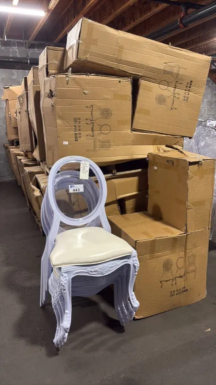 8 PALLETS OF WHITE PLASTIC FRAMED STACKING EVENT CHAIRS