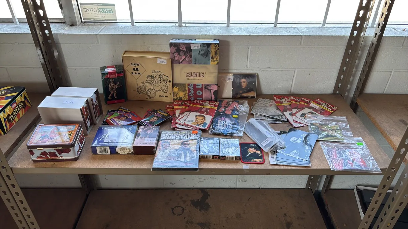 SHELF OF ASSTD. COLLECTIBLES: GENE AUTRY COLLECTOR CARDS, ELVIS COLOGNE & DEODORANT SET,
