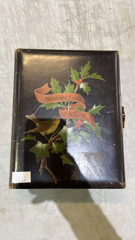 ANTIQUE CHRISTMAS CARD ALBUM WITH ANTIQUE PHOTOS: HAS SIDE LATCH