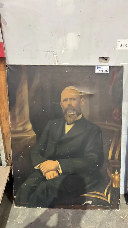 LARGE VINTAGE PAINT ON STRETCHED CANVAS PORTRAIT *CANVAS HAS SOME TEARS* 45" X 34"