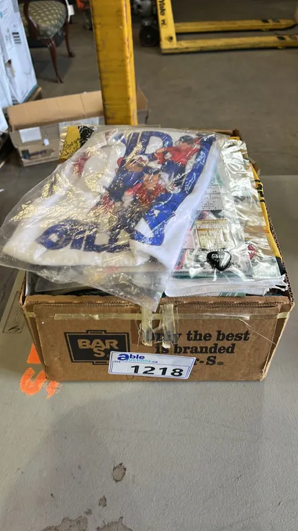 BOX OF ASSORTED HANDKERCHIEFS, GUITAR PICKS, CLOTHING & MORE: SOME IS SIGNED