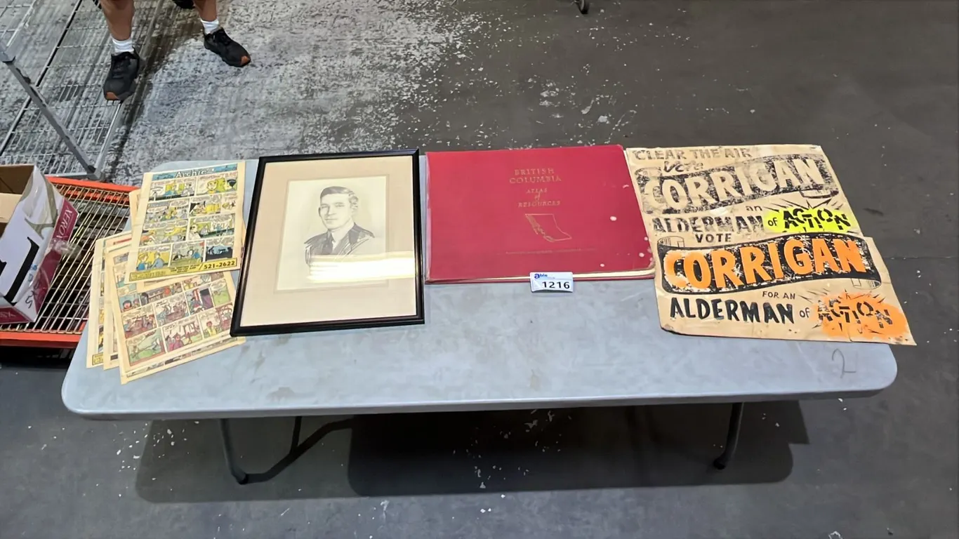 VINTAGE ELECTION SIGNS, FRAMED PENCIL PORTRAIT SIGNED JAYES TAKEMUTA & 1956 BRITISH COLUMBIA ATLAS
