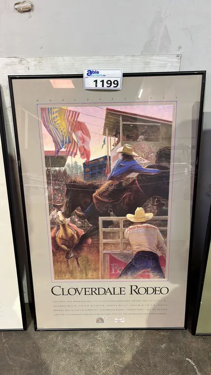 VINTAGE FRAMED 1992 CLOVERDAL RODEO & EXPEDITION POSTER: APPROX. 31.5" X 20"