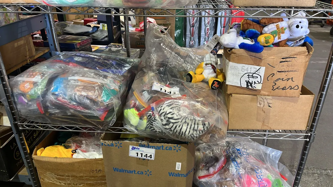 SHELF LOT OF ASSORTED KIDS PLUSH TOYS AND COIN BEARS