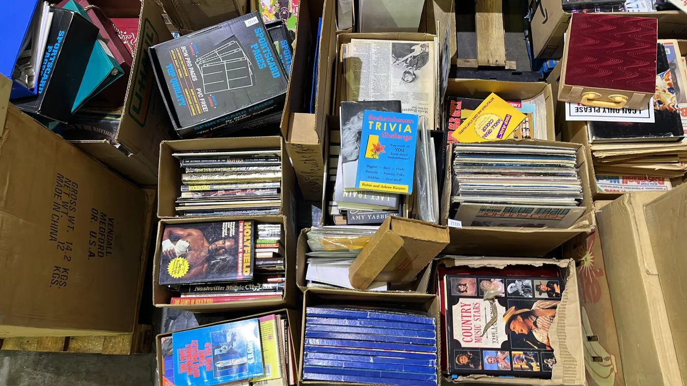 PALLET OF ASSORTED BOOKS, VINYL RECORDS, SPORTS CARD EMPTY PAGES AND MORE