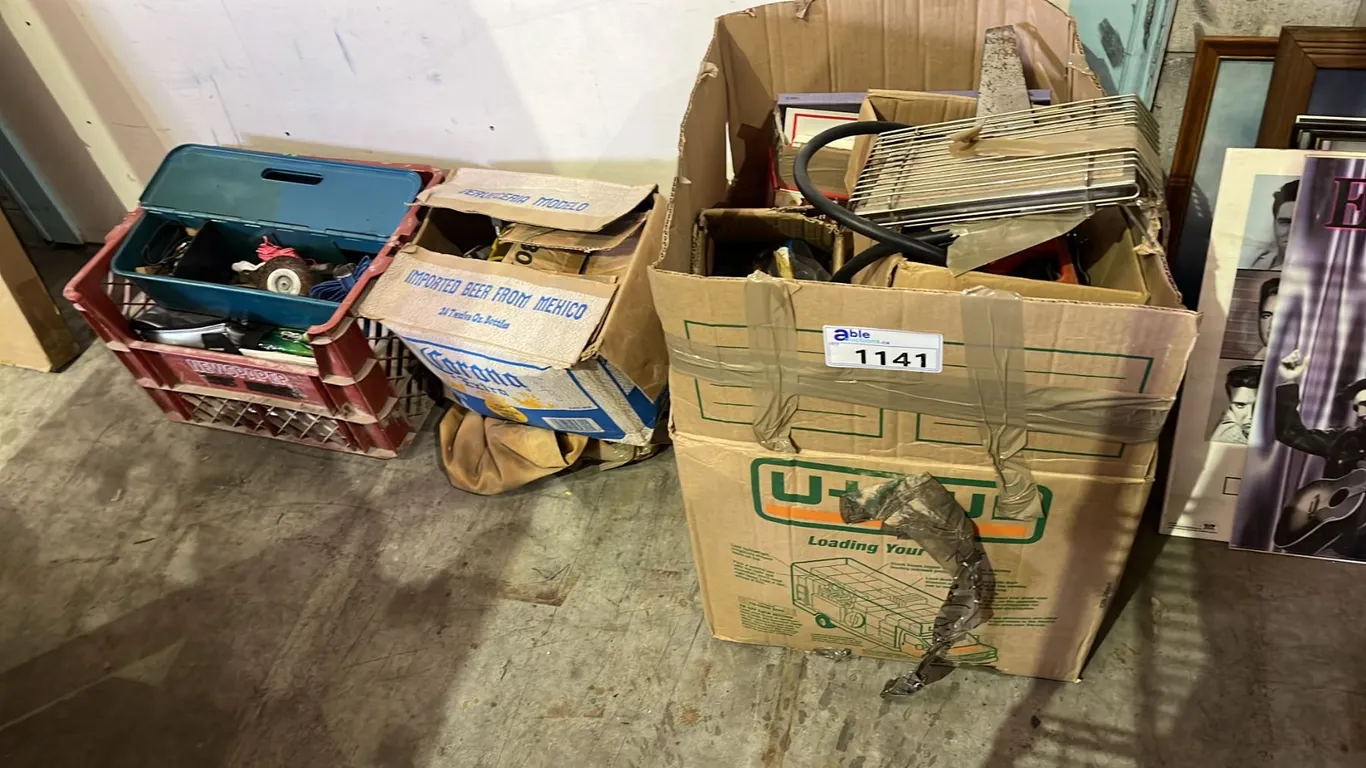 (3) BOXES OF ASSORTED ITEMS INCLUDING TOOLS, HEAVY DUTY HANGING LIGHTS , TOOL BOX AND MORE