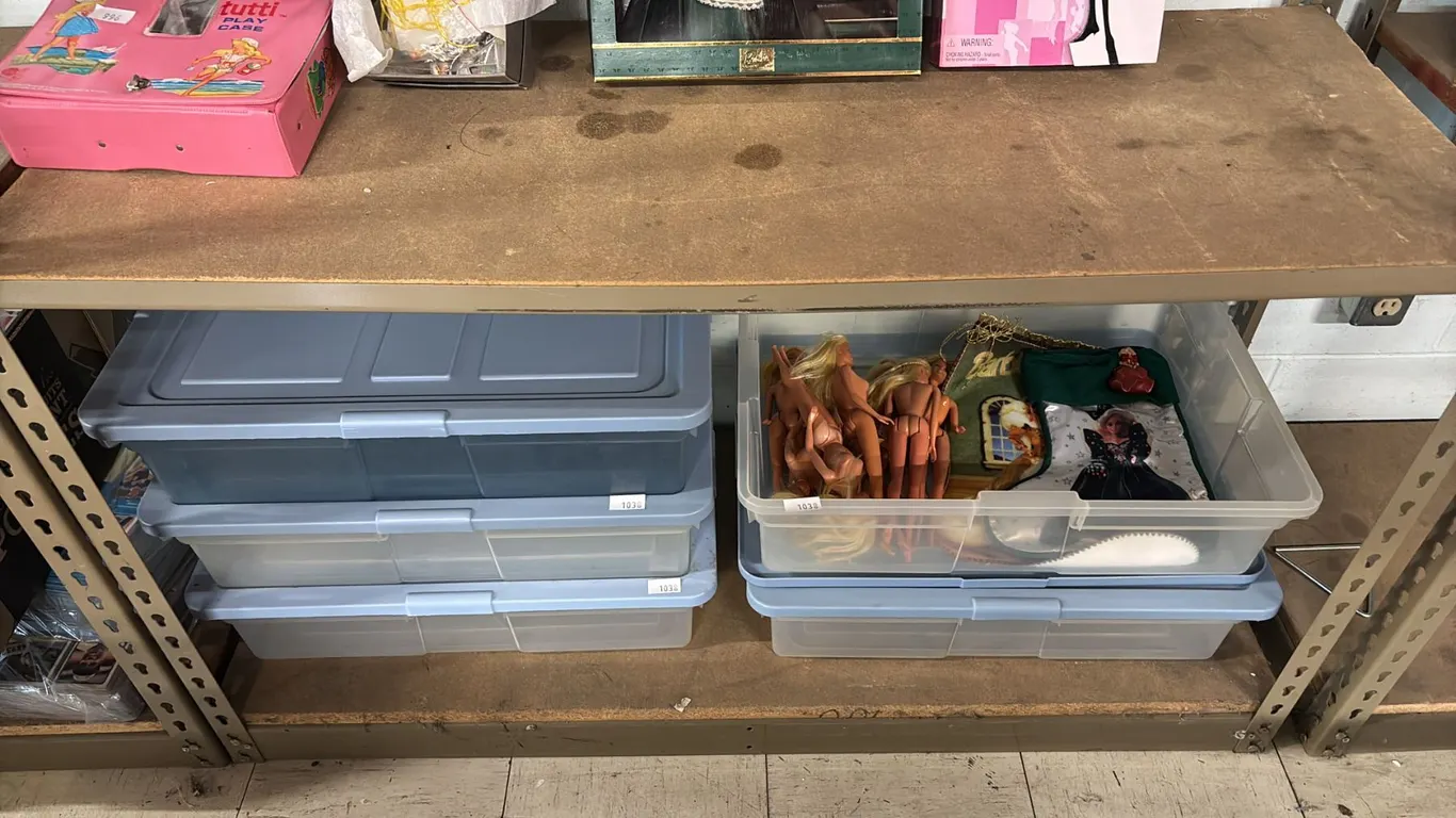 (4) UNDER BED STORAGE TOTES WITH LIDS, (7) ASSTD. VINTAGE BARBIES & (2) BARBIE CHRISTMAS STOCKINGS