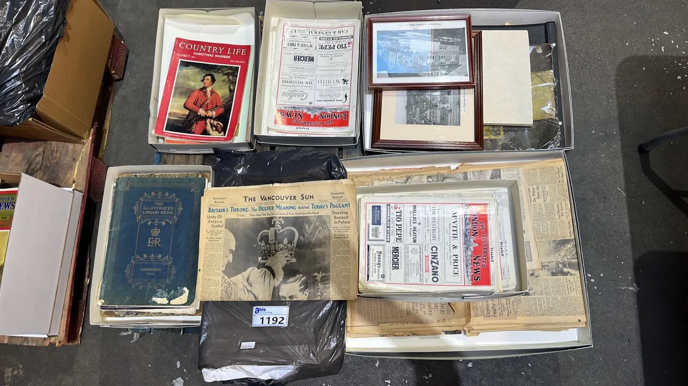 PALLET OF ASSORTED VINTAGE MAGAZINES, NEWSPAPERS & WALL ART: COUNTRY LIFE, VANCOUVER SUN, THE