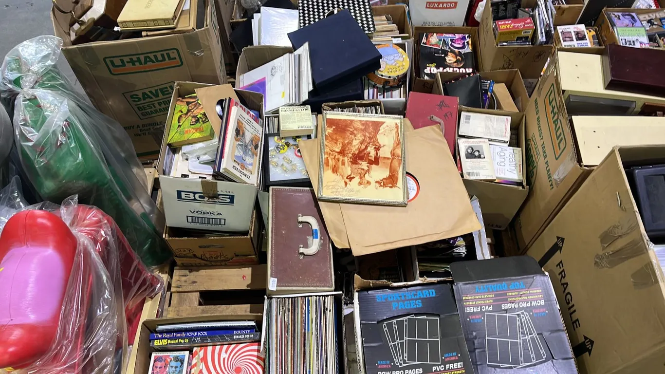 PALLET OF ASSORTED VINYL RECORDS, BOOKS AND SPORTS CARD EMPTY PAGES