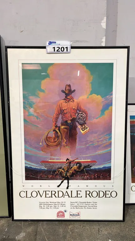 VINTAGE FRAMED 1989 CLOVERDAL RODEO & EXPEDITION POSTER: APPROX. 30.5" X 20"