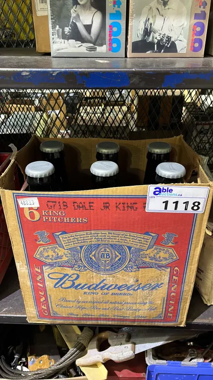BOX OF (6) DALE EARNHARDT JR. #8 BUDWEISER GIANT COLLECTIBLE GLASS BOTTLES