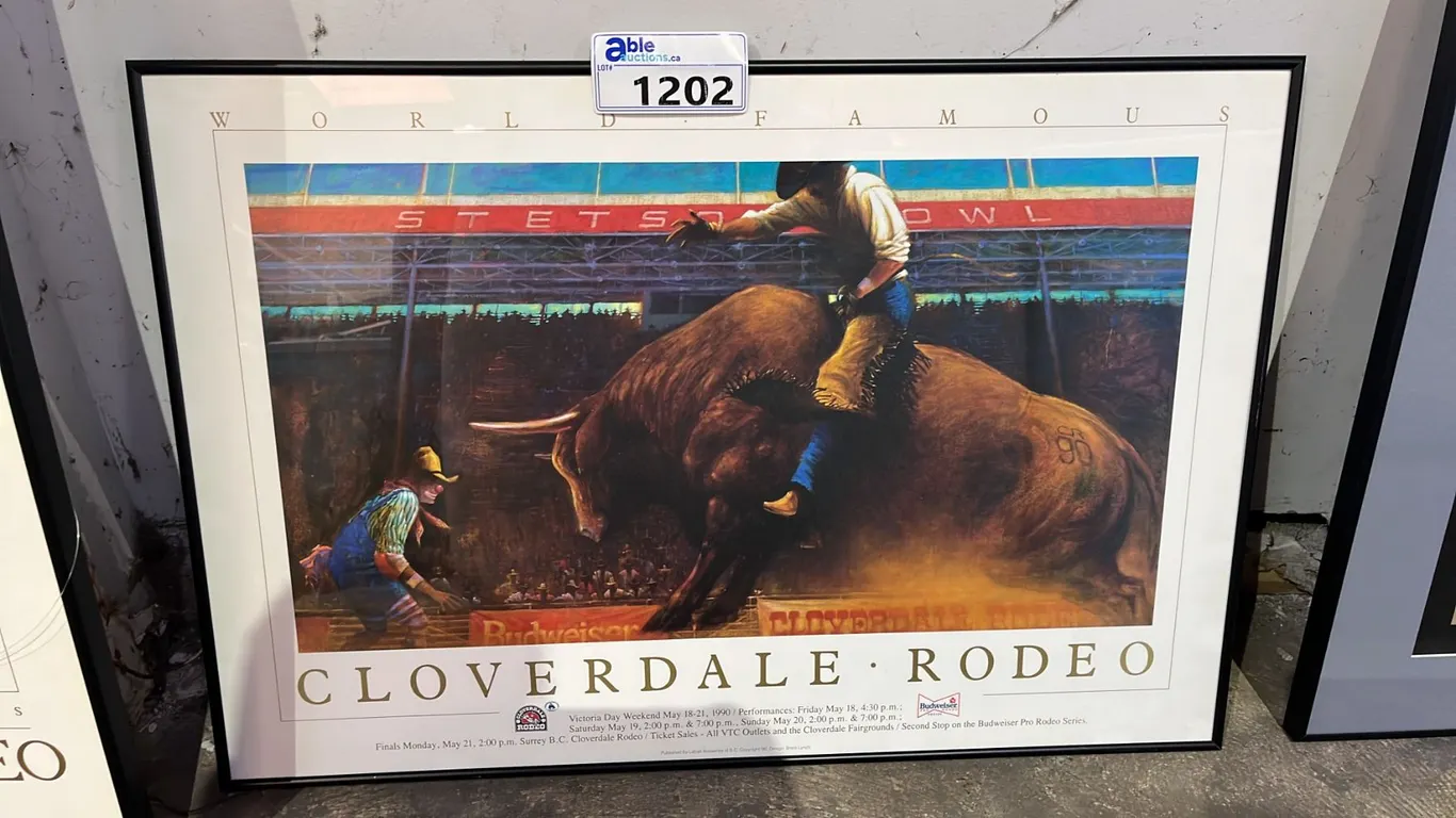 VINTAGE FRAMED 1990 CLOVERDAL RODEO & EXPEDITION POSTER: APPROX. 20.5" X 30"