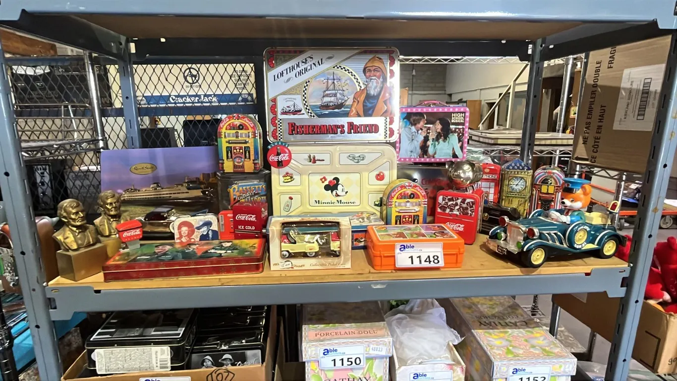 SHELF LOT OF ASSORTED VINTAGE COLLECTABLE TINS CONTAINERS, TOY CARS, FIGURINE'S AND MORE