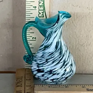 Hand Blown Blue Glass Pitcher 4.5" Tall White Swirl
