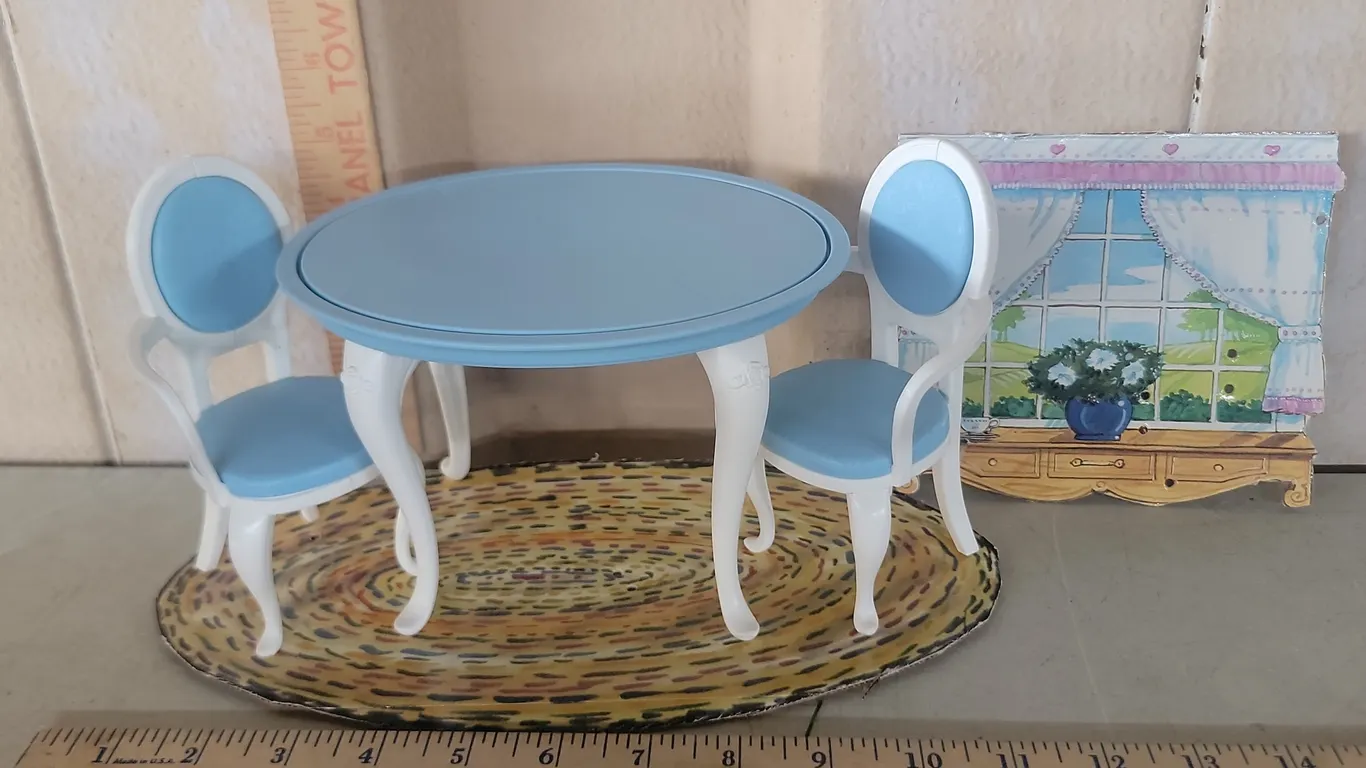Mattel Barbie Table, 2 Matching Chairs, & 2 Cardboard Cutouts