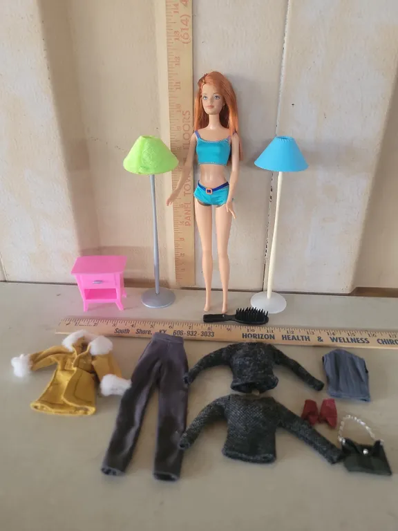 Mattel Barbie Doll, Clothing, 2 Floor Lamps, & End Table