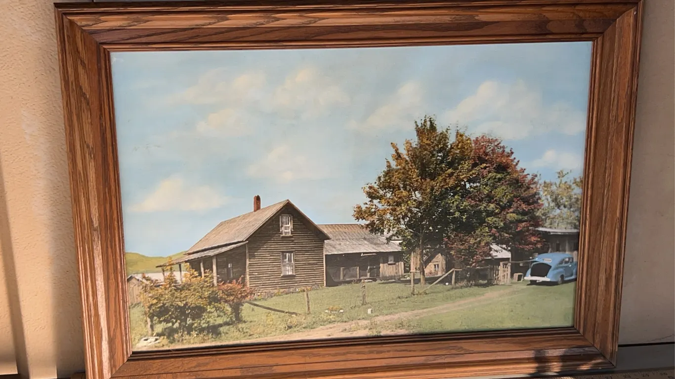 Vintage State Aerial Farm Statistics Inc. Marshal Oil Print 28"X20" Cabin Scene