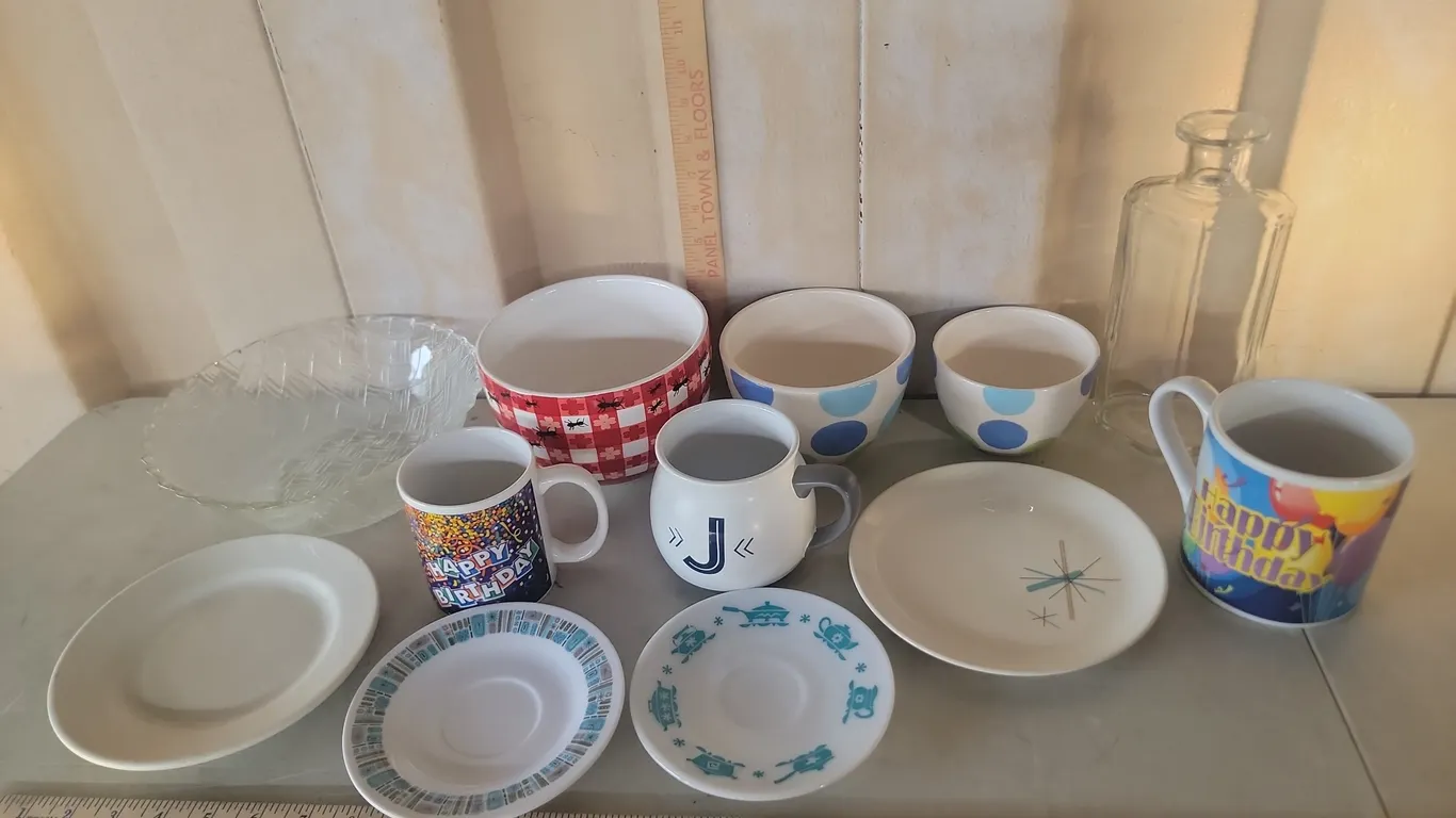 Happy Birthday Mugs, Decanter Bottle, Basket Glass Bowl, Hazel Atlas Saucer, Etc.