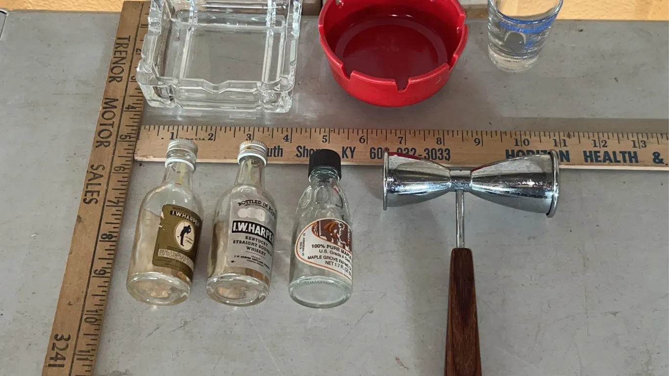 2 Mini I.W. Harper Whiskey Bottles, 2 Ashtrays, South Carolina Shot Glass, Vintage Double Sided Coc