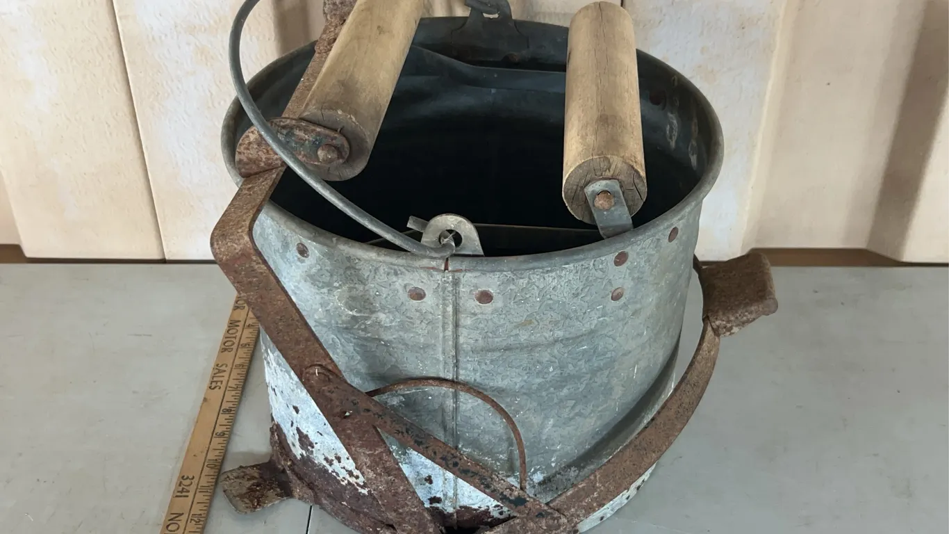 Vintage Galvanized Mop Bucket W/Wood Rollers