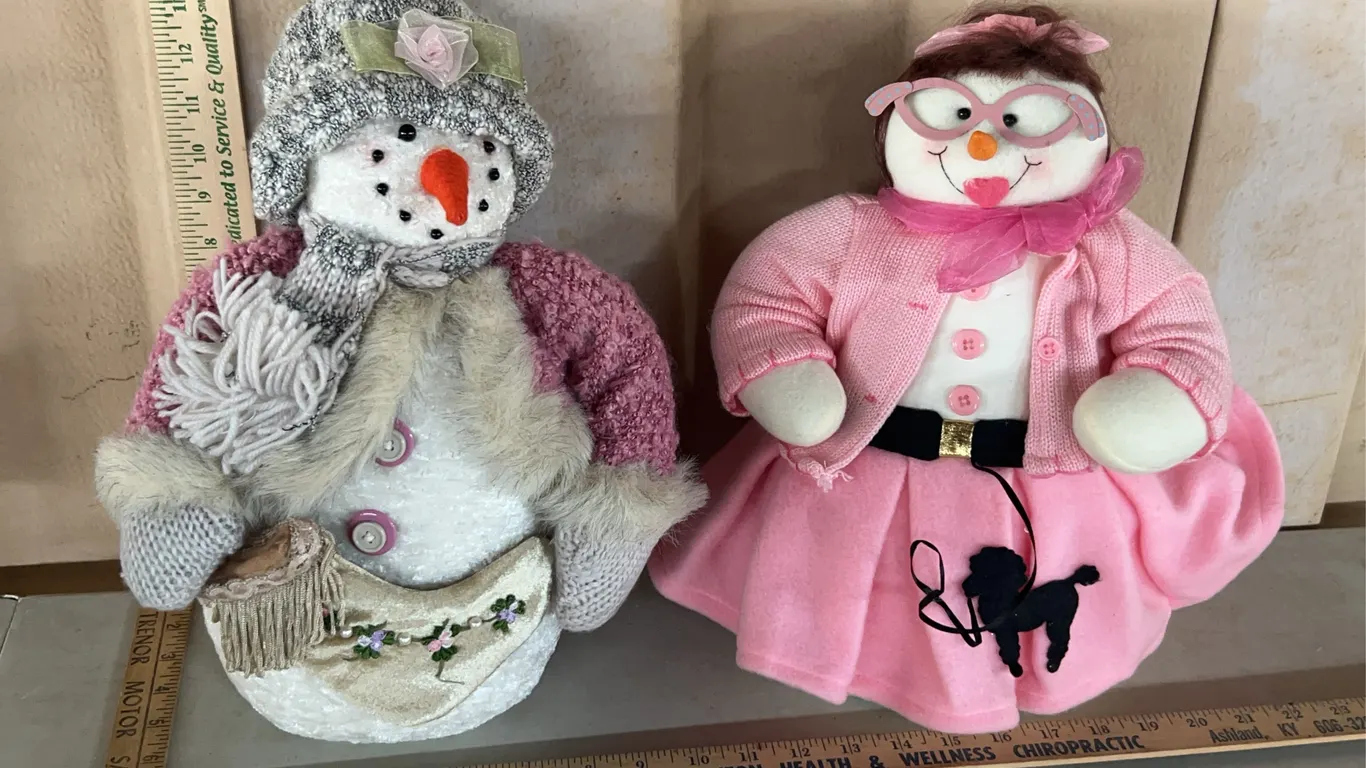 2 Plush Snowmen-Victorian Style & 50s Poodle Skirt Style