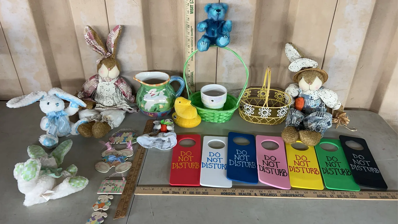 Dan Dee Rabbits, 1 Peeps, Ty Bear, Pair Rabbits, Ceramic Teapot, Baskets, Etc.