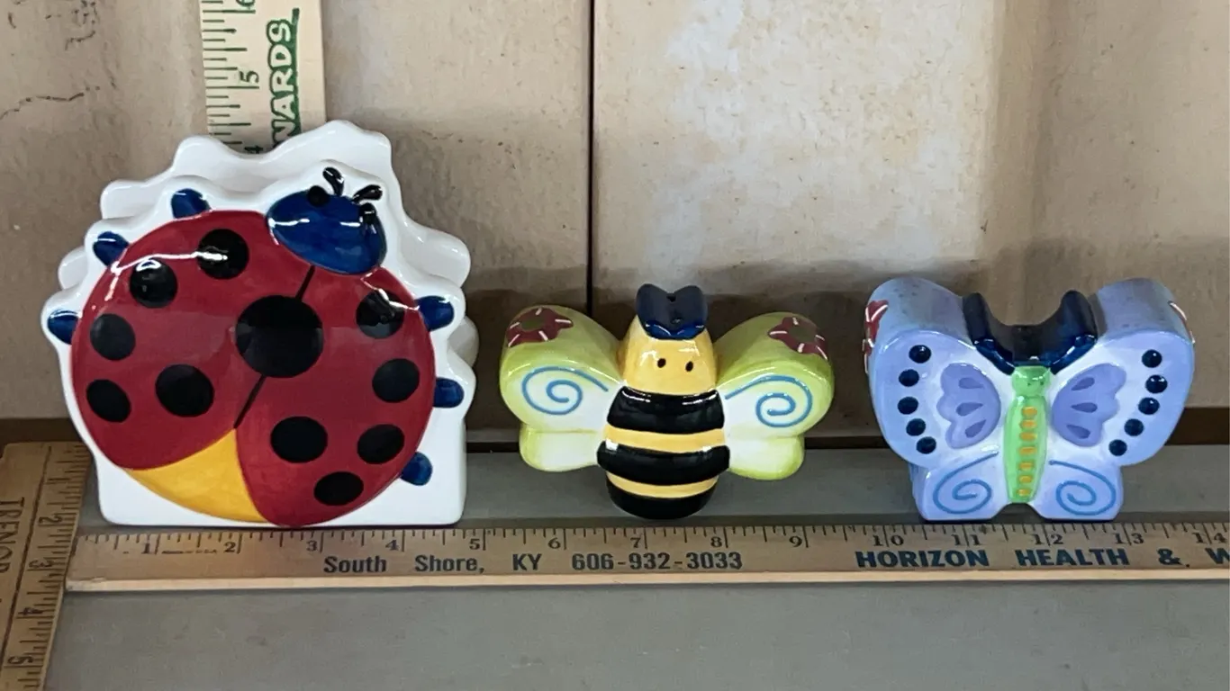 Ceramic Salt/Pepper Shakers Butterfly & Bee W/Ladybug Napkin Holder