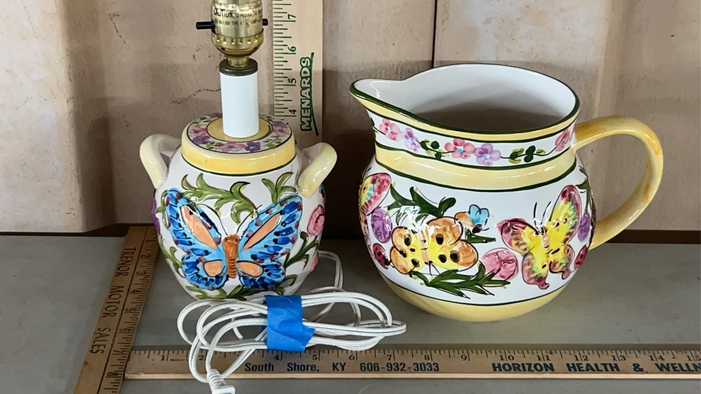 World Bazaars Inc Ceramic Teapot & Lamp, Hand Painted Butterfly Pattern