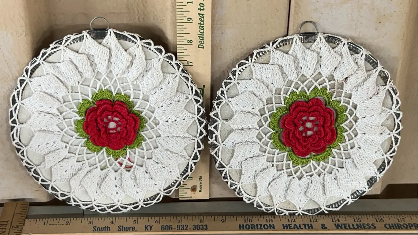 2 Vintage Handmade Crocheted Doilies Wall Hangers 8.5"