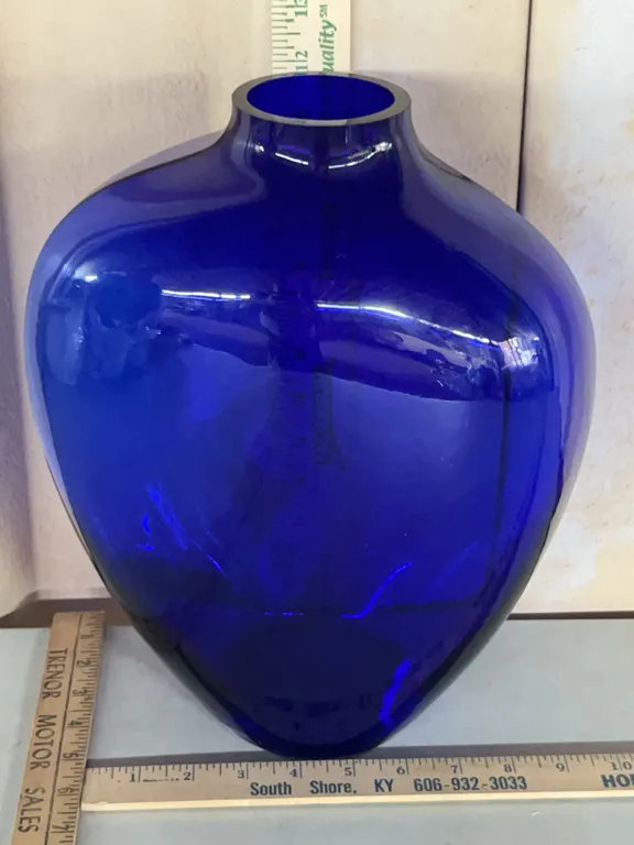 Large Cobalt Blue Glass Vase, Hand Crafted 12.75" Tall