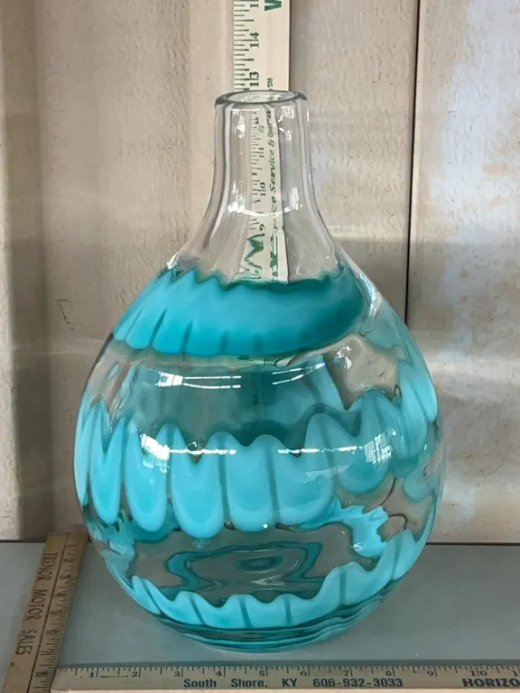 Large Hand Blown Art Glass Bulbous Body Bottle/Vase W/Turquoise Wavy Swirl Bands 13" Tall