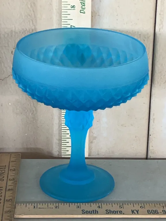 Vintage Indiana Glass Blue Satin Frosted Diamond Compote/Pedestal Candy Dish 6.25"X7.25"