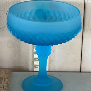 Vintage Indiana Glass Blue Satin Frosted Diamond Compote/Pedestal Candy Dish 6.25"X7.25"