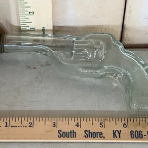 Vintage/Antique Clear Glass Revolver Candy Bottle Marked U.S.A. Avor 3.25 oz
