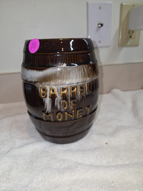 Vintage ceramic "Barrel of Money" coin bank