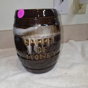 Vintage ceramic "Barrel of Money" coin bank