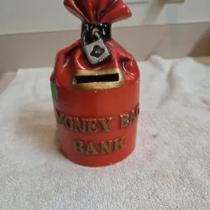 Vintage red ceramic money bag coinbank, made by lego