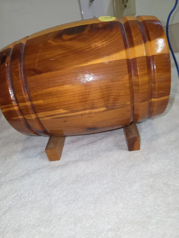 Vintage ye, old money barrel, wooden coinbank, made of cedar wood