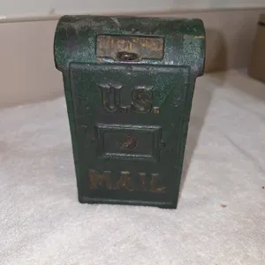 Vintage green cast iron u s mail coinbank