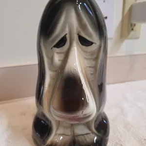 Vintage ceramic, sad face bassett, hound coinbank from 1970s